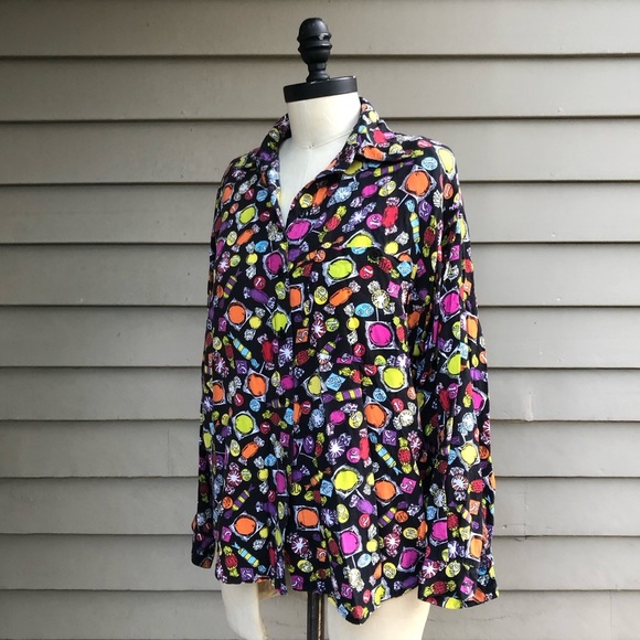 Vintage 80s Penny Candy Fun Novelty Kitschy Print Button Up Blouse Top - Picture 6 of 14
